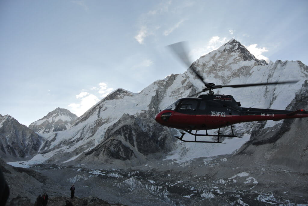 Airlift helicopter arriving to take the patient to the Vayodha Hospital in Kathmandu.